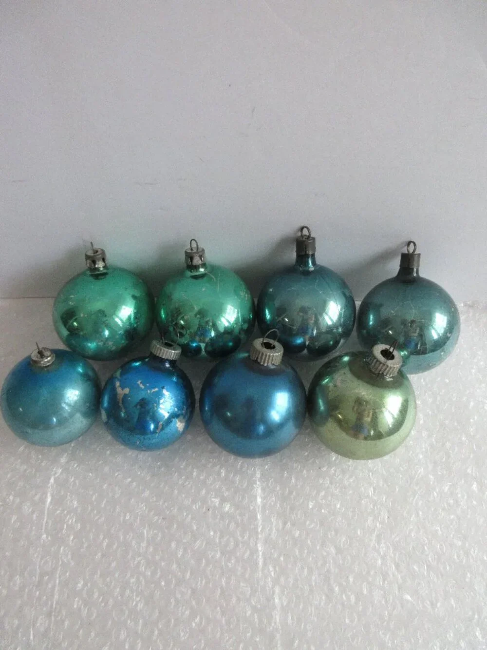 Blue Aqua Glass Christmas Ornaments Lot of 8 Vintage Poland, Shiny Brite, Japan